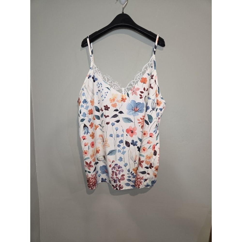 Curve Floral Cami Top Womens 3XL‎ Plus Size Lace Trim V-Neck Sleeveless White